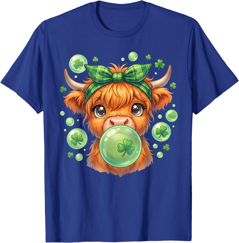 St. Patricks Day Highland Cow Blowing Bubblegum Celebrate St Patricks Day T-Shirt - Royal Blue
