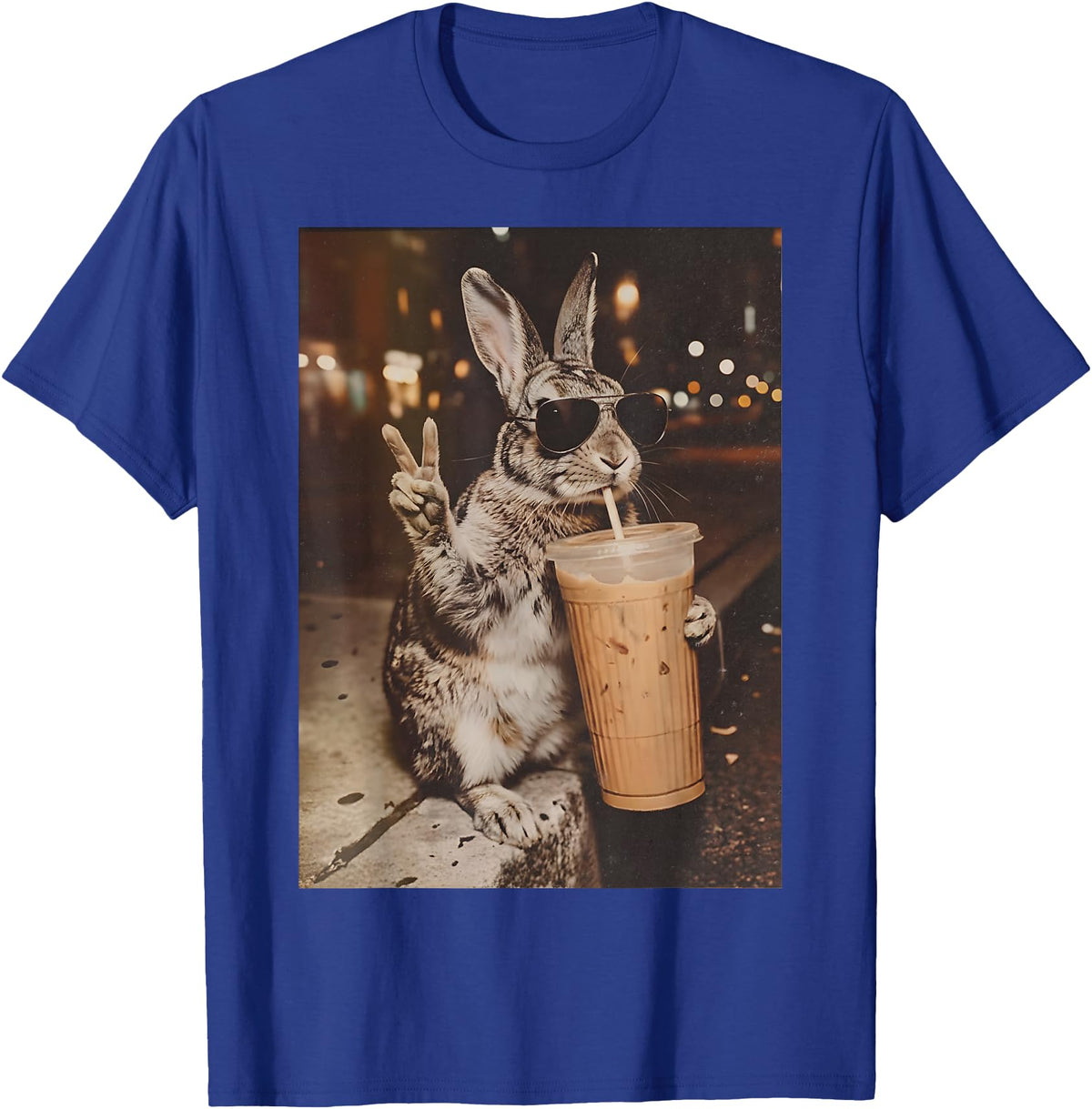 Rabbit Drinking Iced Coffee Funny Easter Bunny Men Women T-Shirt in Royal Blue