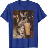 Rabbit Drinking Iced Coffee Funny Easter Bunny Men Women T-Shirt in Royal Blue