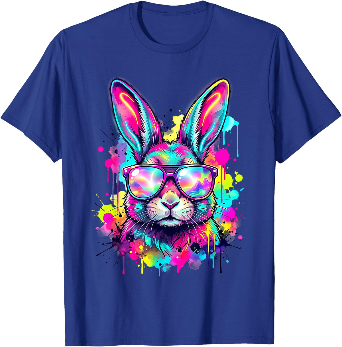 Happy Easter Bunny Face Tie Dye Bunny Rabbit with Glasses T-Shirt in Royal Blue