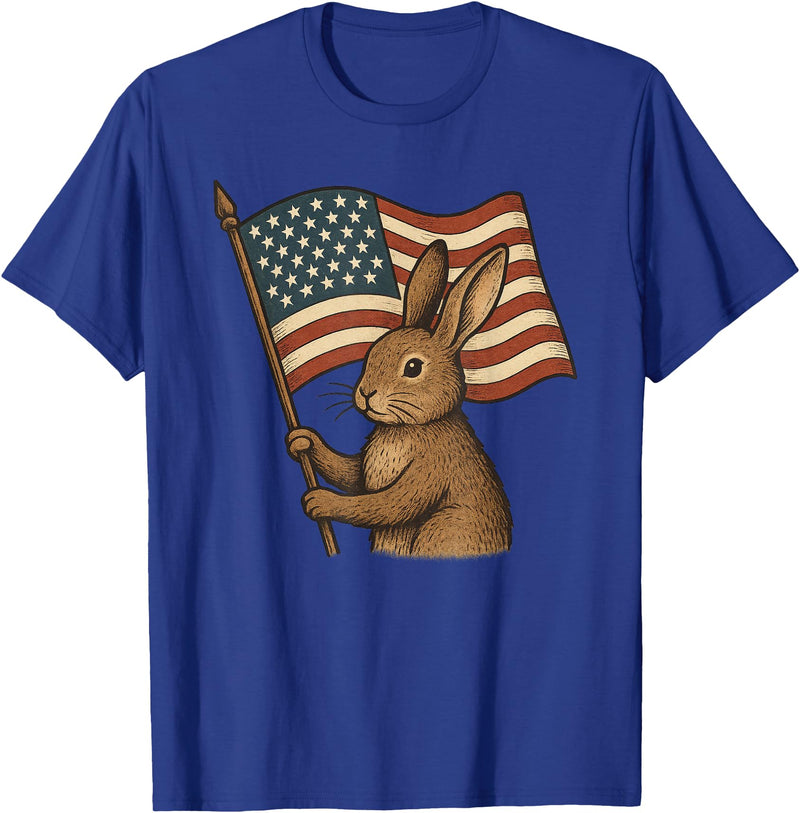 Rabbit Bunny American Flag 4th of July T-Shirt in Royal Blue