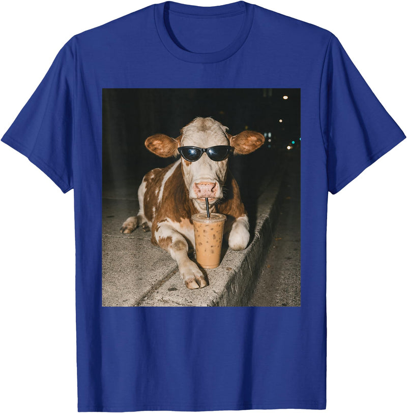 Funny Cow Drinking Iced Coffee Meme Cow Drinking Iced Coffee Funny Animal Meme Tee T-Shirt - Royal Blue