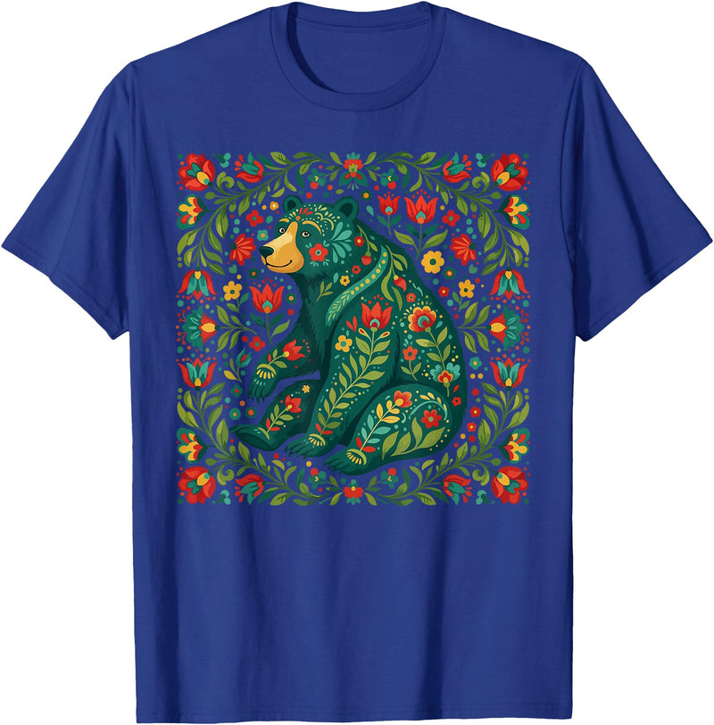 Nordic Scandinavian Folk Art Flower Designs Scandinavian Folk Art Bear Floral Pattern Nordic Animal T-Shirt - Royal Blue