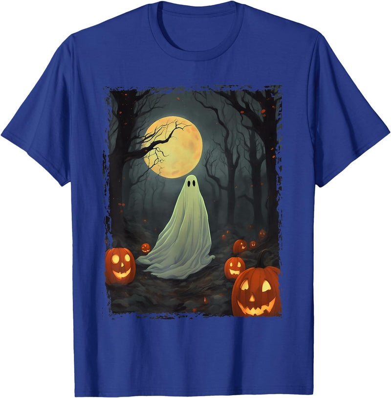 Dibble Dabble Designs Halloween Vintage Ghost in Gothic Forest Full Moon Halloween T-Shirt - Royal Blue
