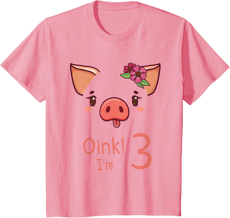 Girls Cute Pig Birthday Designs Co. 3rd Birthday Pig Outfit Pig Face Gift 3 year old Girl Boy T-Shirt - Pink