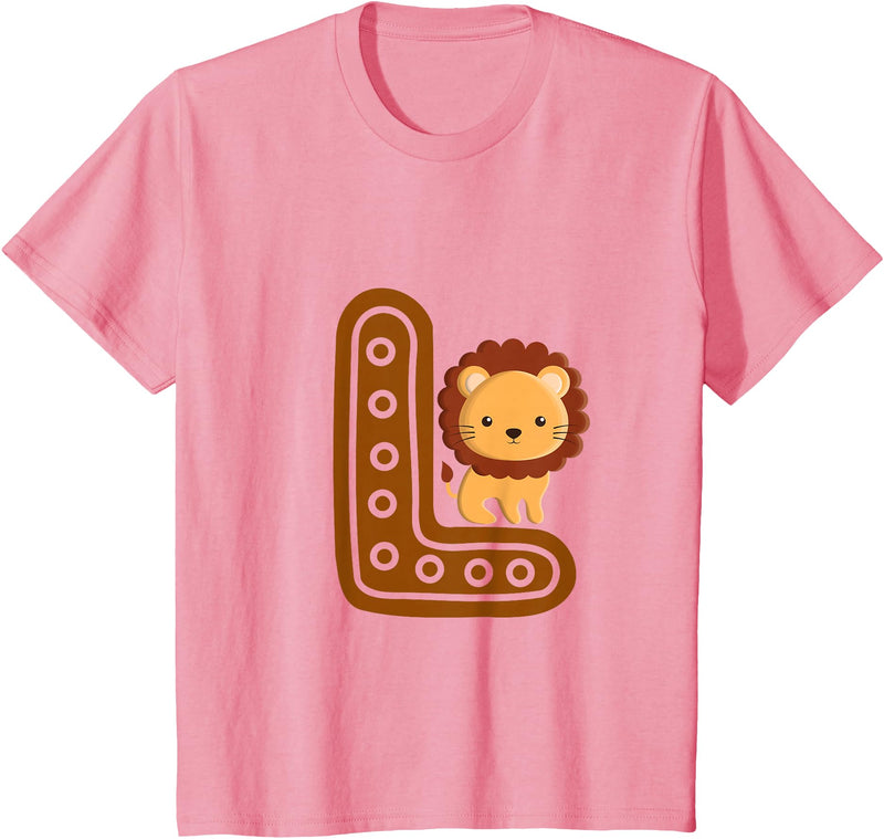 Kids Alphabet Letters Letter L Cure Lion Alphabet Cute Animal Boys Girls T-Shirt - Pink