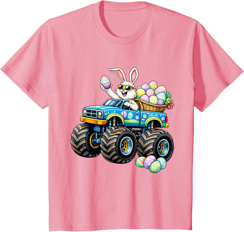 Easter Day Bunny Monster Truck Eggs Rabbit Boys Kids T-Shirt in Pink