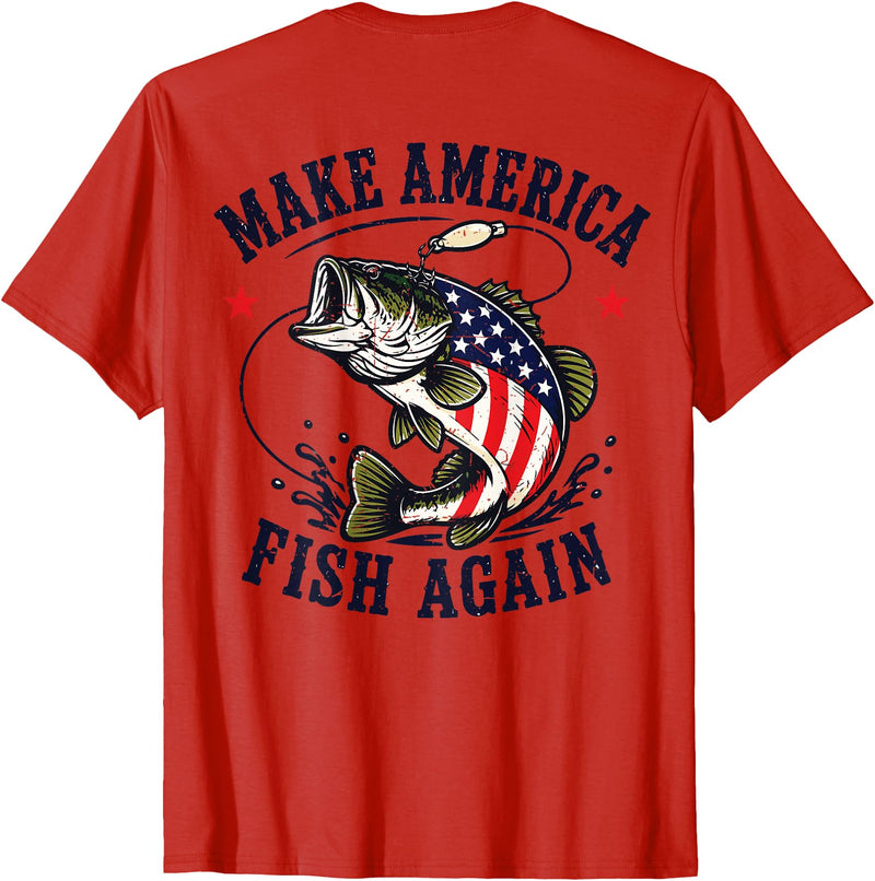 Make America Fish Again Largemouth Bass Patriotic Men Make America Fish Again 4th July Fish Patriotic USA Flag T-Shirt - Red