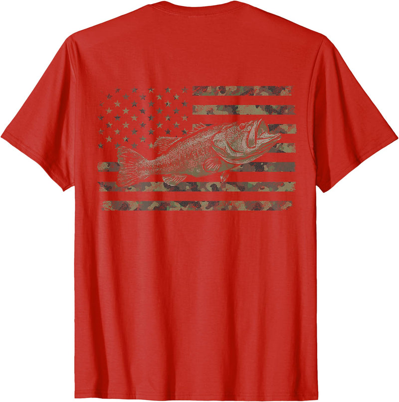 Great American Outdoors Camo Designs Fishing American Flag Camo Bass Fish (Design on Back) T-Shirt - Red