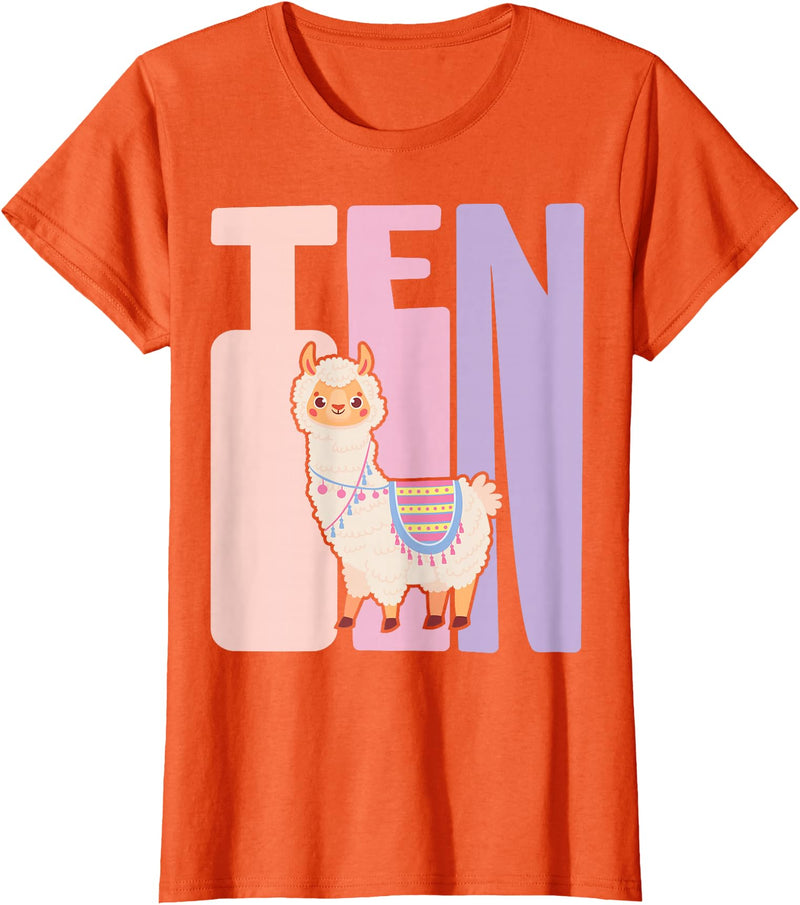 Retro Llama Alpaca Themed Girls Birthday Designs 10th Birthday Girl Cute Llama Alpaca 10 Years Old T-Shirt - Orange