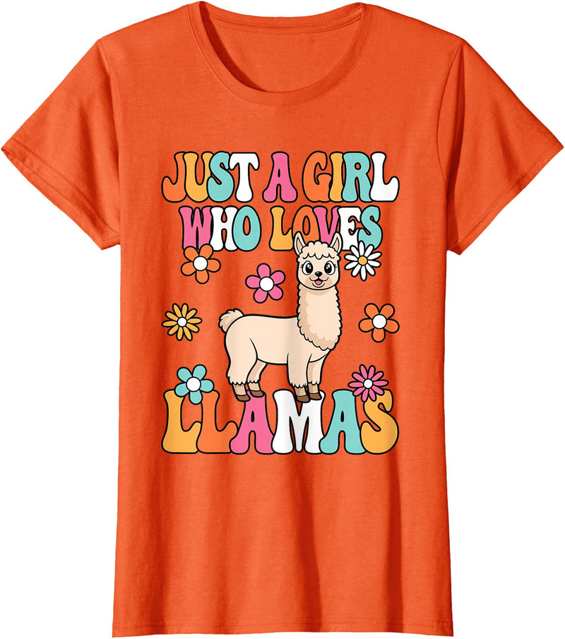 BALARI Just A Girl Who Loves Llamas Cute Groovy Alpaca Llama Kids T-Shirt - Orange
