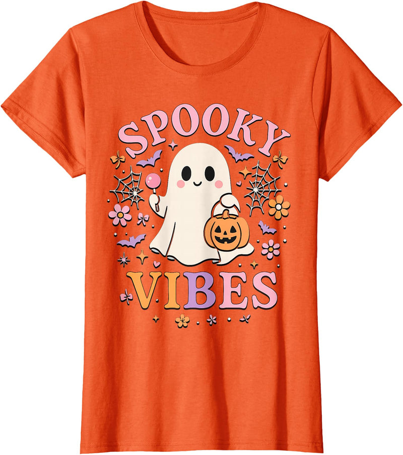 Girls Halloween Ghost Coquette Vibes Tees Spooky Vibes Cute Ghost Halloween for Girls Trick or Treat T-Shirt - Orange