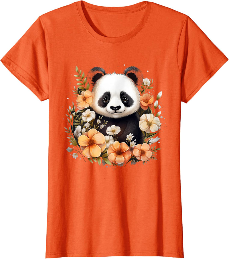 Floral Panda Bear Panda Bear Flowers Floral Girls Kids Funny Cute Panda Lover T-Shirt - Orange