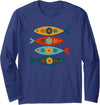 Tin Fishies Scandinavian Folk Art Fish Design, Colorful Long Sleeve T-Shirt - Navy Blue