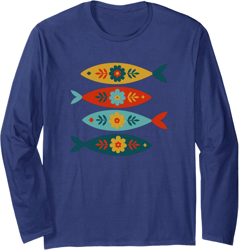 Tin Fishies Scandinavian Folk Art Fish Design, Colorful Long Sleeve T-Shirt - Navy Blue