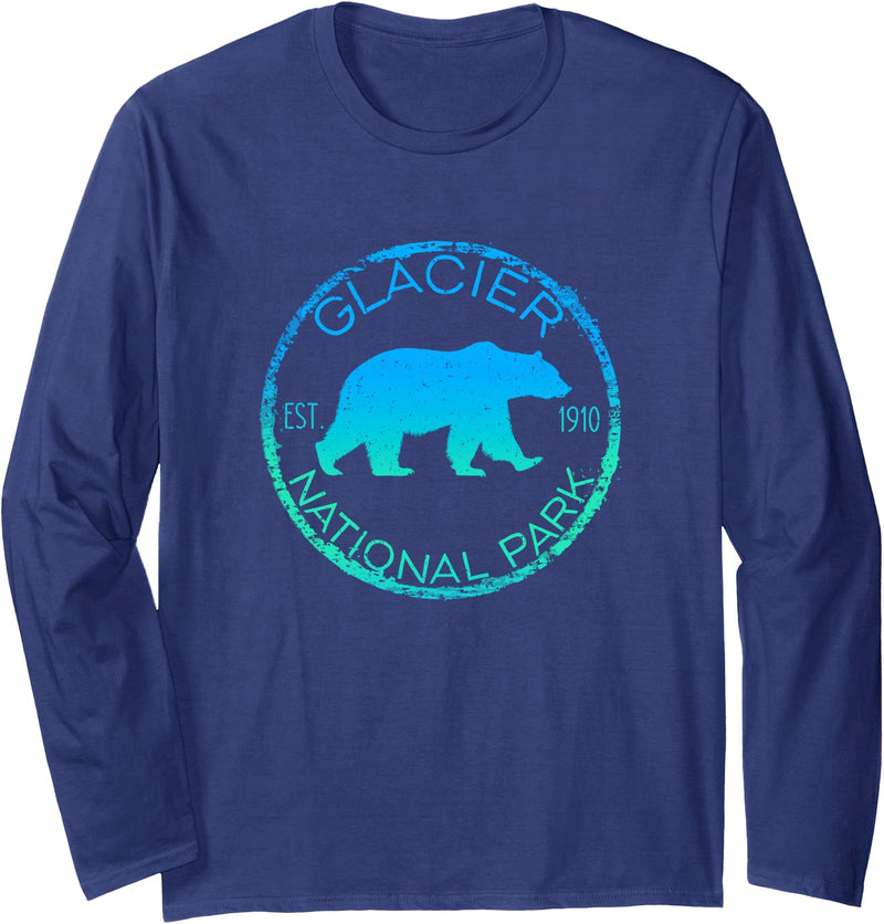 Pine Hill Goods Glacier National Park Grizzly Bear Design Graphic Souvenir Long Sleeve T-Shirt - Navy Blue