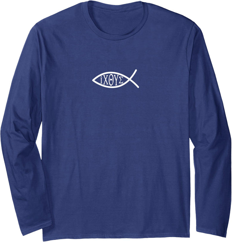 Ichthys Greek Christian Design Christian Fish Ichthys Ichthus Greek Letters IXOYE Men Women Long Sleeve T-Shirt - Navy Blue