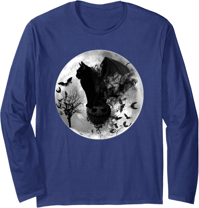 Halloween Horror Apparel ADC Gothic Batcat Black Cat Halloween Full Moon Spooky Bats Long Sleeve T-Shirt - Navy Blue