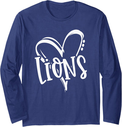 Lions School Sports Fan Team Spirit Heart Long Sleeve Shirt