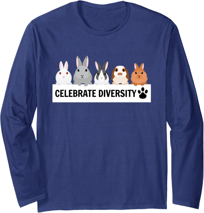 Celebrate Diversity Cute Pet Bunny for Rabbit Lovers Long Sleeve Shirt in Navy Blue