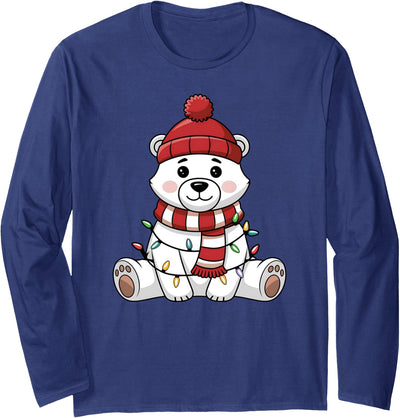 Festive Holiday Bear Design Cute Christmas Polar Bear Wrapped in Lights Long Sleeve T-Shirt