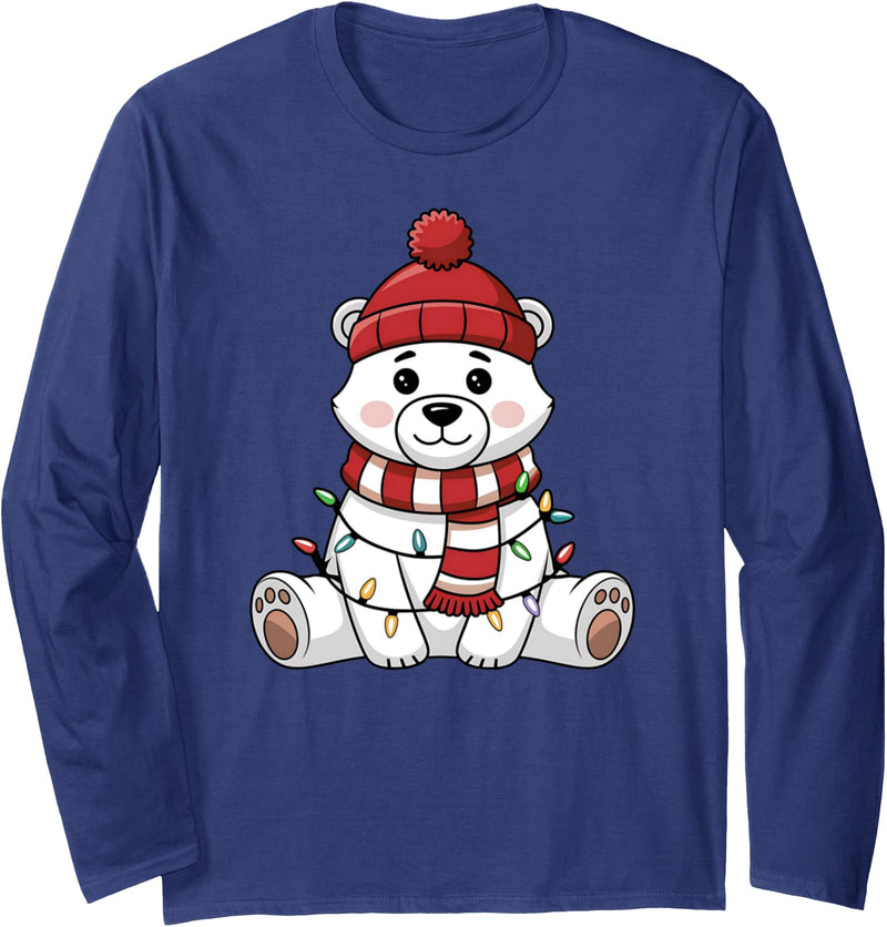 Festive Holiday Bear Design Cute Christmas Polar Bear Wrapped in Lights Long Sleeve T-Shirt - Navy Blue
