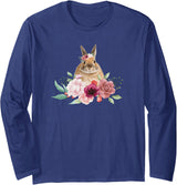 Rabbit Cute Bunny Vintage Aesthetic Flower Botanical Long Sleeve Shirt in Navy Blue