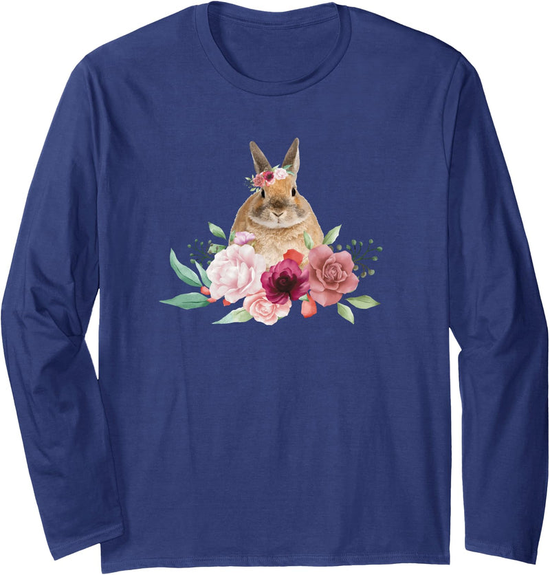 Rabbit Cute Bunny Vintage Aesthetic Flower Botanical Long Sleeve Shirt in Navy Blue