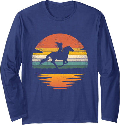 Vintage Retro Horse Clothes Design. Girl Horse Riding Vintage Cowgirl Retro Sunset Horse Long Sleeve T-Shirt