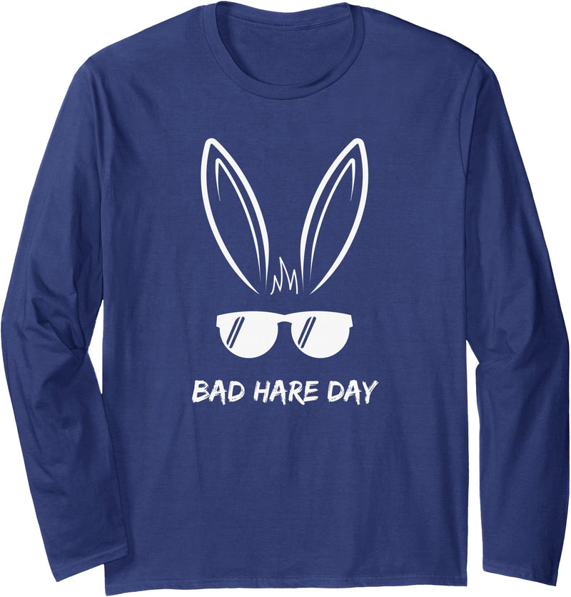Bad Hare Day Funny Bunny Rabbit Design Glasses Cool Long Sleeve Shirt in Navy Blue