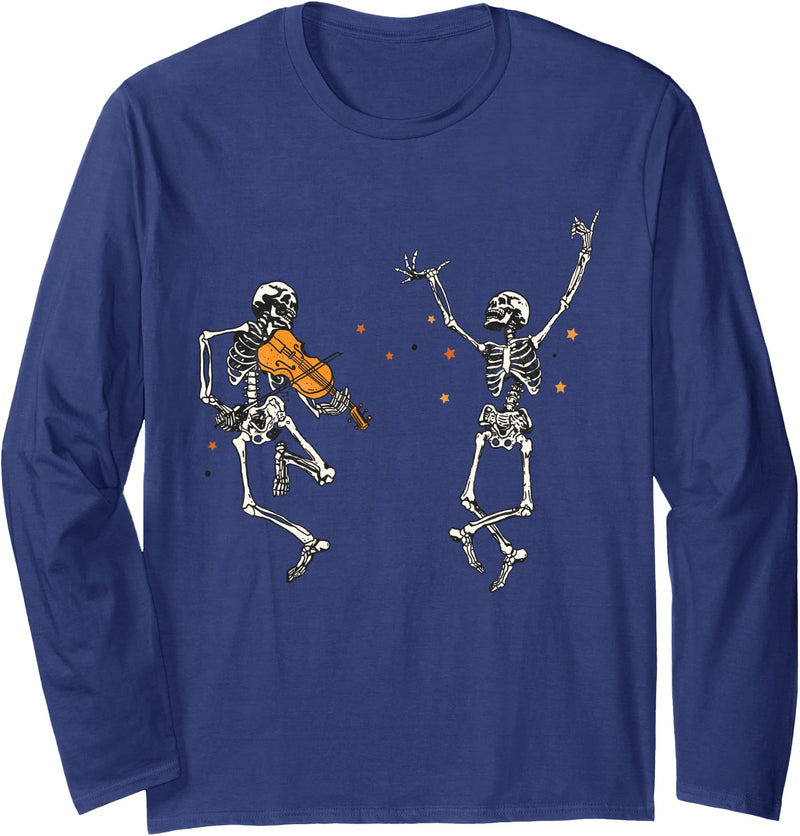 Funny Halloween Tee Dancing Skeletons Dance Challenge Halloween Scary Skeleton Long Sleeve T-Shirt - Navy Blue