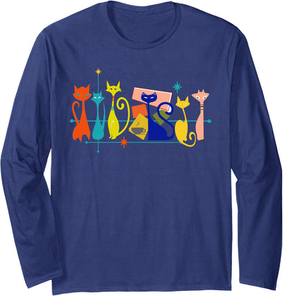 Mid Century Modern Cats Coffee Retro Mid Century Modern Cats Art 50s 60s Style Vintage Long Sleeve T-Shirt
