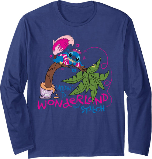 Disney 100 Stitch in Costume Cheshire Cat Wonderland Welcome Long Sleeve T-Shirt - Navy Blue