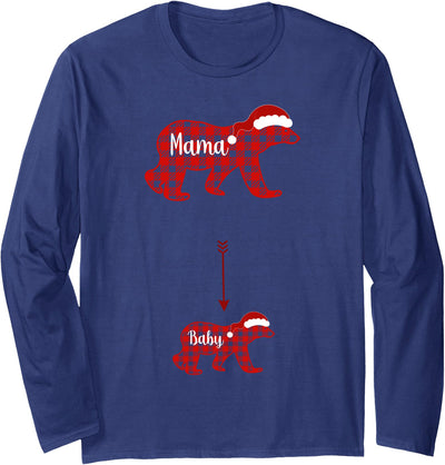 Women's Christmas Funny Cute Pregnancy Apparel Christmas Plaid Bear Mama Baby Polar Pregnancy Announcement Long Sleeve T-Shirt