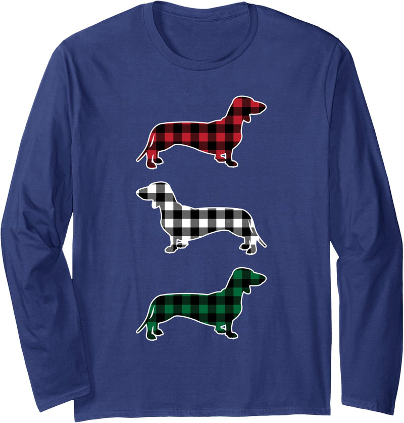 Merry Christmas Holiday Dachshund Dog Wiener Dachshund Dog Merry Christmas Buffalo Plaid Gift Long Sleeve T-Shirt - Navy Blue