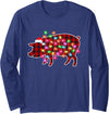 Funny Pig Christmas Lights Pajamas for Women Girls Plaid Buffalo Pig Christmas Pajamas Family Xmas Lights Women Long Sleeve T-Shirt - Navy Blue