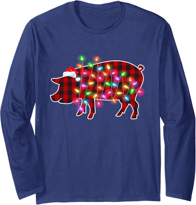 Plaid Buffalo Pig Christmas Pajamas Family Xmas Lights Women Long Sleeve Shirt