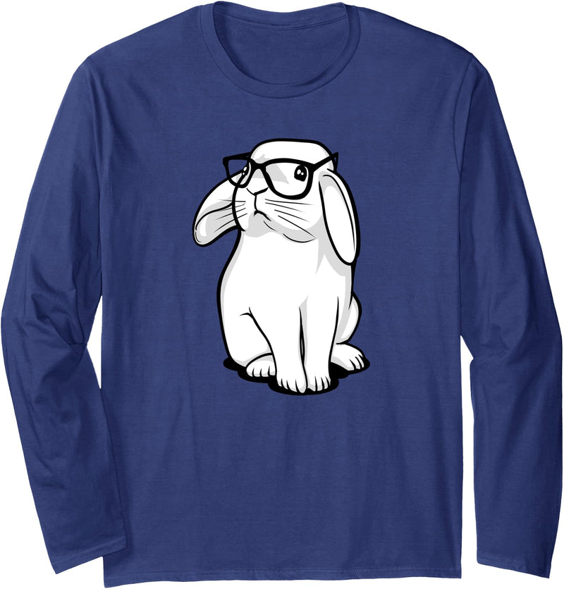 Hipster Rabbit Funny Bunny with Glasses Cute Animal Long Sleeve Shirt in Navy Blue