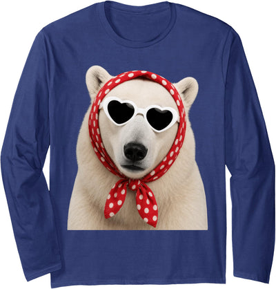 Funny Polar Bear with Sunglasses Cute Polar Bear Lover Heart Sunglasses Long Sleeve T-Shirt