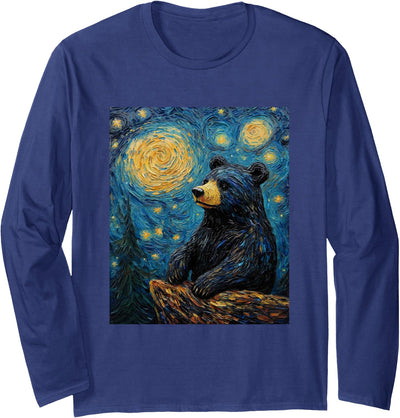 Bear Van Gogh Style Starry Night Funny Graphic Long Sleeve T-Shirt