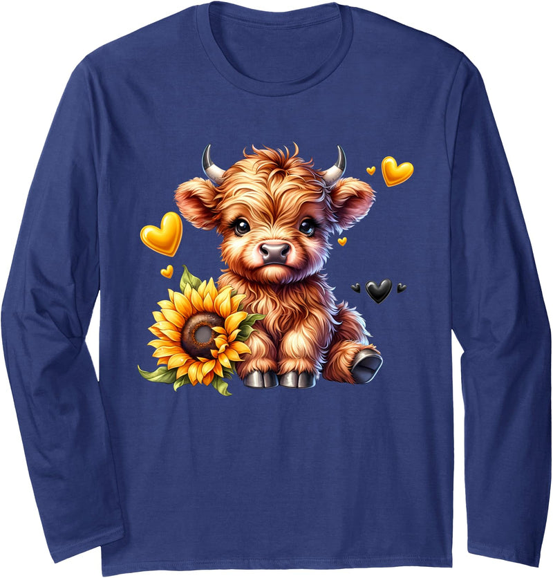 Highland Cow With Sunflower Girls Women Kids Cute Highland Cow with Sunflower Women Girl Long Sleeve T-Shirt - Navy Blue
