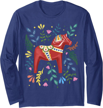 Swedish Dala Horse Swedish Nationality Swedish Dala Horse Folk Art Sweden Flag Dalahelmsoljd Horse Long Sleeve T-Shirt