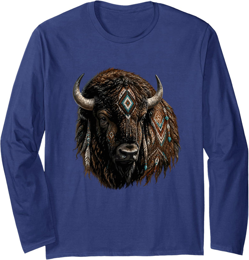 Boho Western Tribal Bison Buffalo Spirit Mystic Buffalo Bison Tribal Boho Western Spirit Long Sleeve T-Shirt - Navy Blue