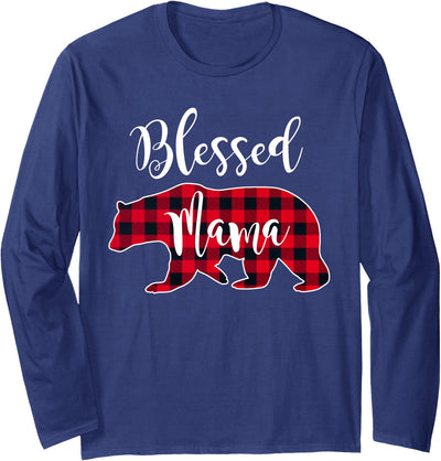 Blessed Mama Bear Buffalo Check Plaid Pattern Mom Mother Long Sleeve Shirt