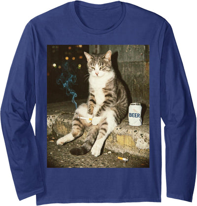 Funny Cat Meme Funny Smoking Cat Cigarette Long Sleeve T-Shirt