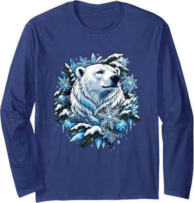 Arctic Polar Bear Winter Snowflakes Christmas Polar Bear Wreath Ice Crystals Long Sleeve T-Shirt