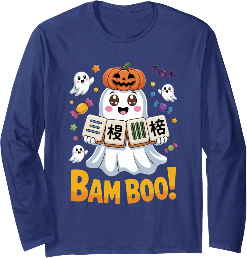 Funny Costume Halloween Ghost Playing Mahjong Halloween Ghost Playing Mahjong Spooky Boo Funny Costume Long Sleeve T-Shirt -