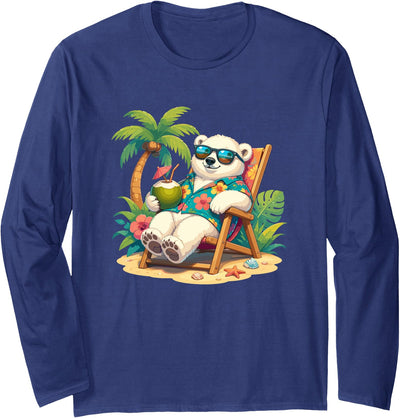 Tropical Polar Bear Summer Beach Vibes Relaxed Polar Bear Hawaiian Shirt Summer Beach Long Sleeve T-Shirt