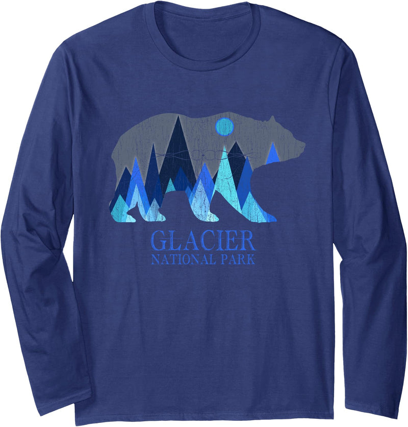 Glacier Grizzly Bear Tsunrisebey Retro Glacier Grizzly Bear Glacier National Park Long Sleeve T-Shirt - Navy Blue