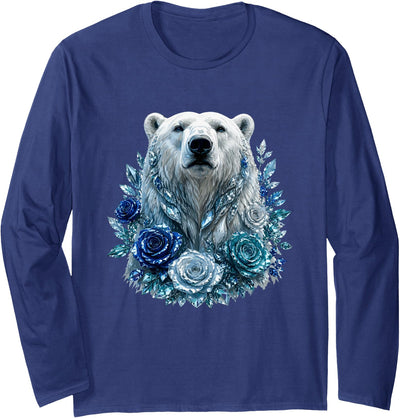 Arctic Polar Bear Crystal Rose Winter Spirit Majestic Polar Bear with Blue Ice Crystal Roses Long Sleeve T-Shirt